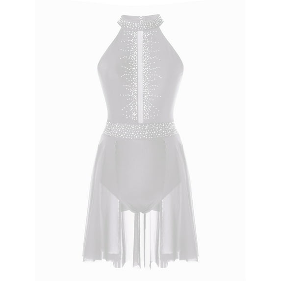 HULIJA Women's Lyrical Ballet Dance Dress Shiny Rhinestone Figure Skating Leotard Dress White S