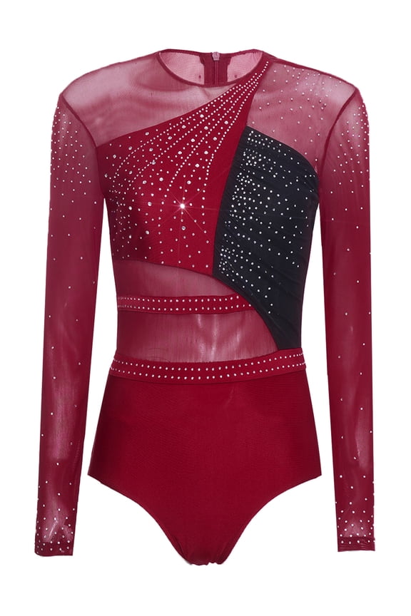 Women's Rhythmic Gymnastics Leotard One Piece Color Block Bodysuit Rhinestones Ballet Dance Unitard Black S