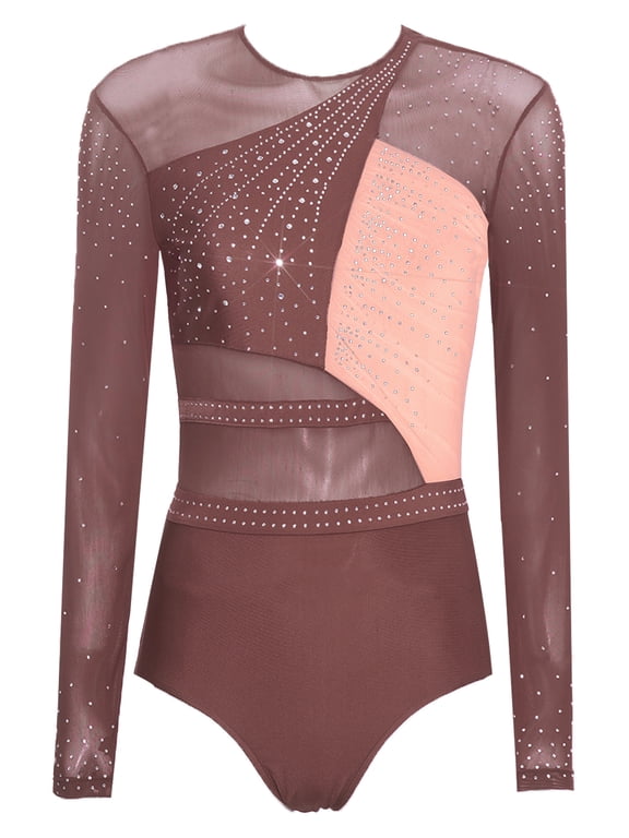 Women's Rhythmic Gymnastics Leotard One Piece Color Block Bodysuit Rhinestones Ballet Dance Unitard Orange S