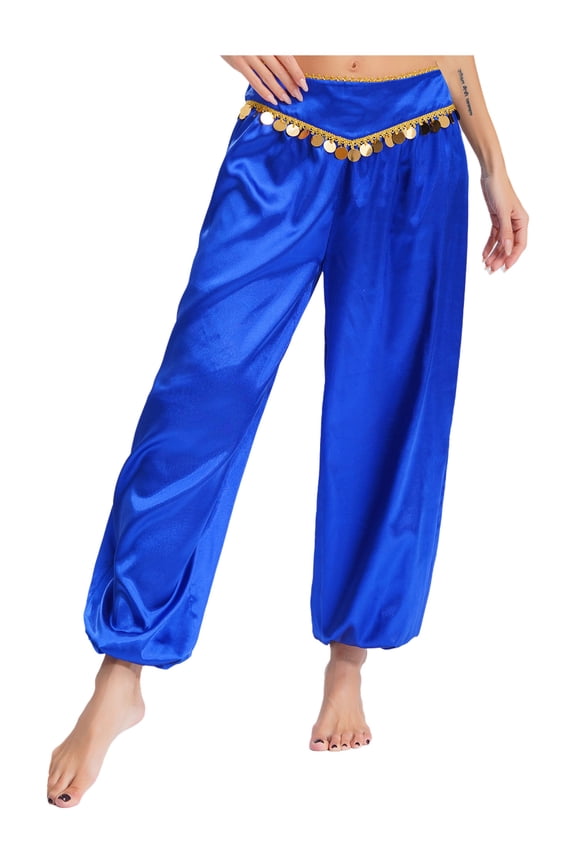 Women's Satin Bloomers Belly Dance Pants Loose Harem Pants Arabic Trousers Royal Blue XXL