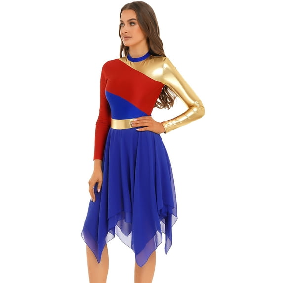 HULIJA Womens Color Block Liturgical Praise Dance Long Sleeve Dance Overlay and Tunics Royal Blue L