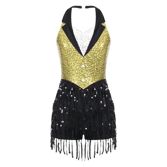 HULIJA Womens Latin Dance Leotards Sequined Fringe Tassel Jumpsuit Jazz Dancewear Yellow L
