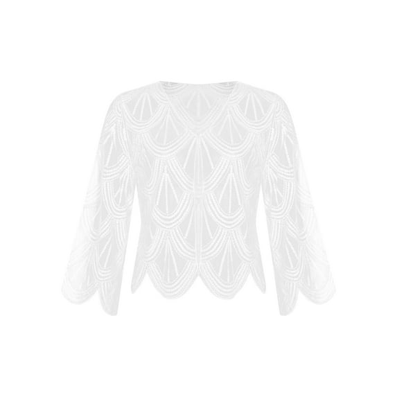 HULIJA Womens Long Sleeve Sequin Lace Shrug Sheer Open Front Bolero Cardigan for Wedding Party Dress White One Size