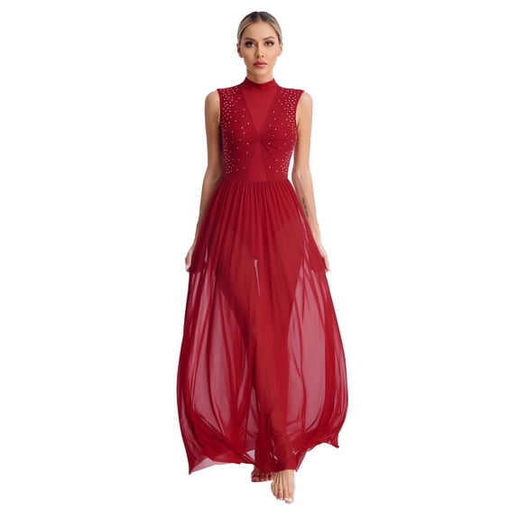 HULIJA Womens Shiny Rhinestone Lyrical Dance Dress Open Back Sheer Mesh Overlay Leotard Dresses Burgundy L