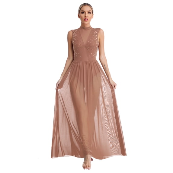 HULIJA Womens Shiny Rhinestone Lyrical Dance Dress Open Back Sheer Mesh Overlay Leotard Dresses Dusty Pink S