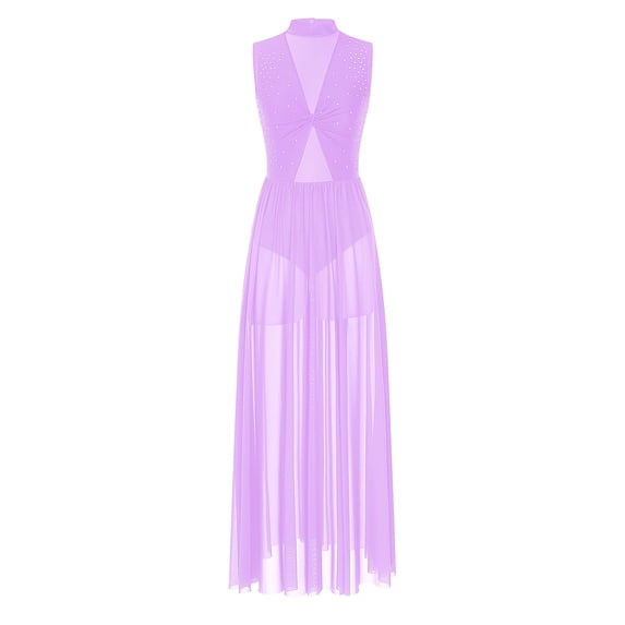HULIJA Womens Shiny Rhinestone Lyrical Dance Dress Open Back Sheer Mesh Overlay Leotard Dresses Light Purple XXL