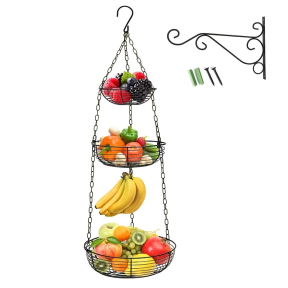 HULISEN 3 Tier Hanging Fruit Storage Basket Iron with Banana Hook, Black