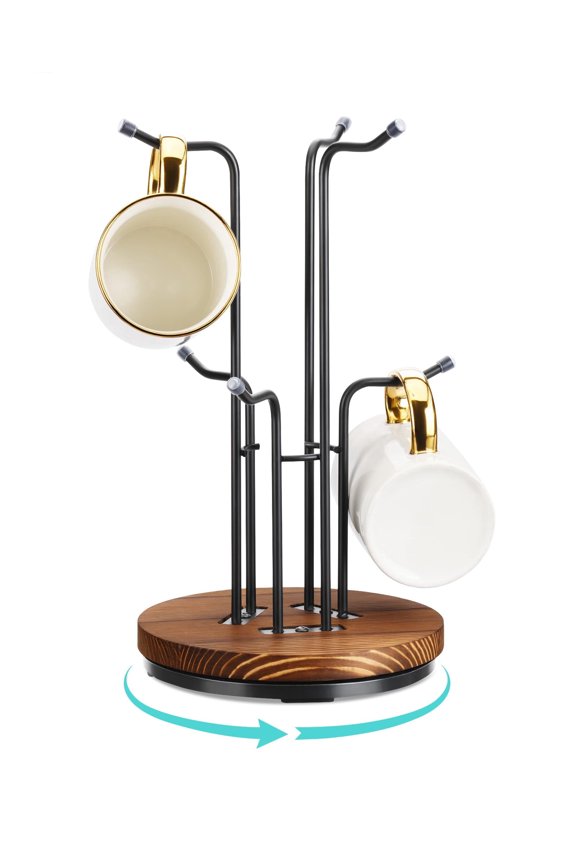 360° Rotating Metal Coffee Mug Tree with 6 Hooks and Wooden Base