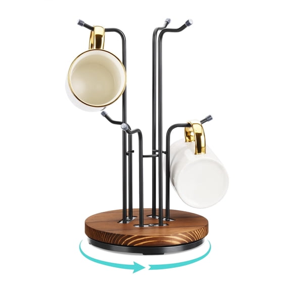 HULISEN 360° Rotating Metal Coffee Mug Tree with 6 Hooks and Wooden Base