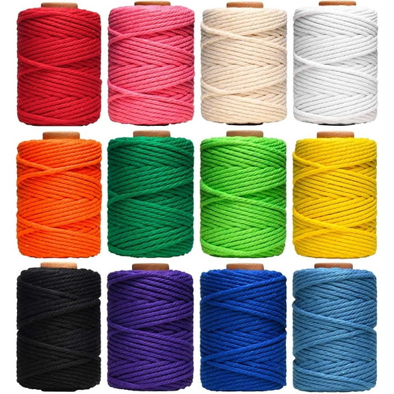 HULISEN Macrame Cord, 3mm x 396 Yards Natural Cotton Twine, 12 Rolls 4 Strand Colored Macrame String, Colorful Cotton Rope for DIY Crafts Knitting, Artworks, Wall Hanging, Plant Hangers