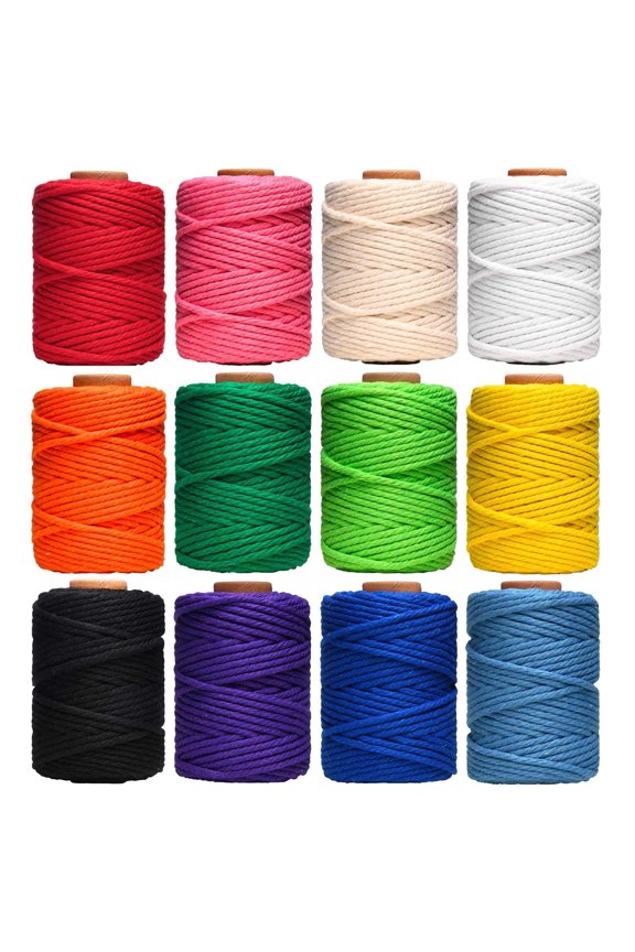 Macrame Cord, 3mm Natural Cotton Twine, 12 Rolls 4 Strand Colored Macrame String