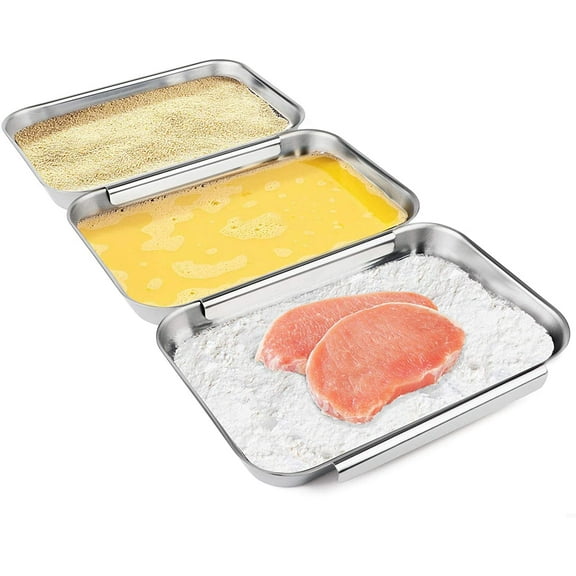 HULISEN Set of 3 Breading Pans, Stainless Steel Breading Set for Marinating Meat, Chicken, Fish, Food Prep Trays, Coating Trays Can Be Used to Baking Cake, Oven Safe