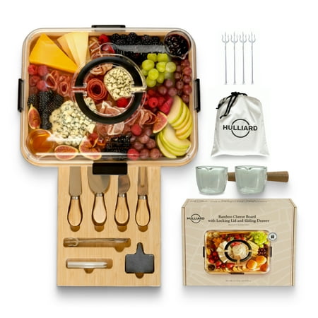 HULLIARD Charcuterie Board Set with Handless Lid – Bamboo Cheese Board with Sliding Drawer, 4 Stainless Steel Cheese Knives, 4 Forks, 2 Glass Bowls, Gift Bag – Perfect for Gift