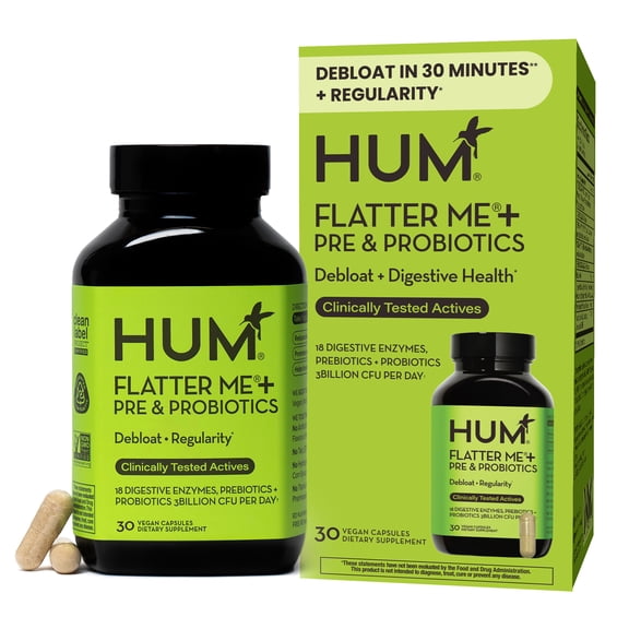 HUM Nutrition Flatter Me Plus, Digestive Enzyme and Probiotic Supplement for Bloating Relief and Regularity Support, 30 Capsules