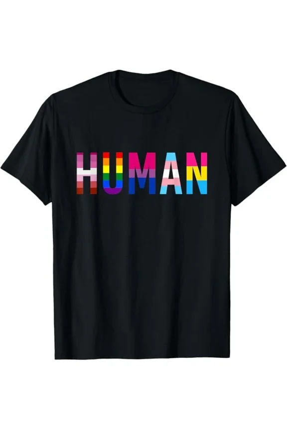 HUMAN Ally Flag Pride Month Transgender Rainbow Graphic Unisex T-Shirt, up to Size 5XL