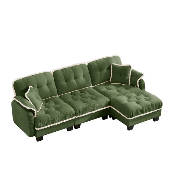 HUMEHA 100.7" L-Shape Oversized Cloud Couch Sectional Sofa, 3-Seat Chenille Sofa with Ottoman & Pom-Pom Trim, Deep Seat Comfy for Living Room Apartment, Green