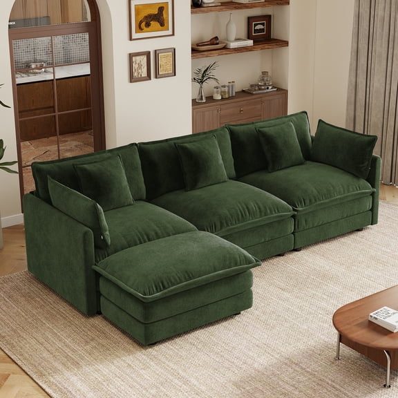 HUMEHA 103" L-Shape Oversized Deep Seat Sectional Sofa, 3-Seat Chenille Modular Couch with Ottoman & 5 Pillows for Living Room Bedroom, Green