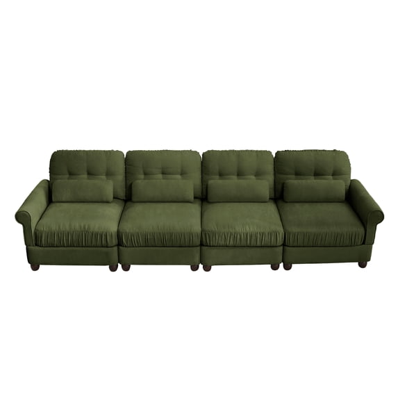 HUMEHA 126.7" Sectional Sofa with Ruffled Edge Chenille, 4-Seat Cloud Couch with Rolled Arms & Lumbar Pillow for Living Room, Green