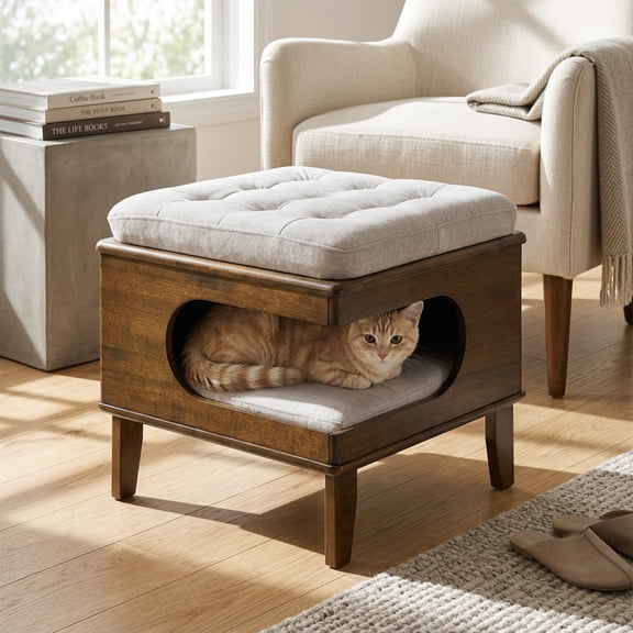 HUMEHA 19.7" Cat Bed Ottoman & Footstool, Rubber Wood Cat Cave for Living Room, 2-in-1 Tufted Pet Hideaway for Medium Cats, Walnut
