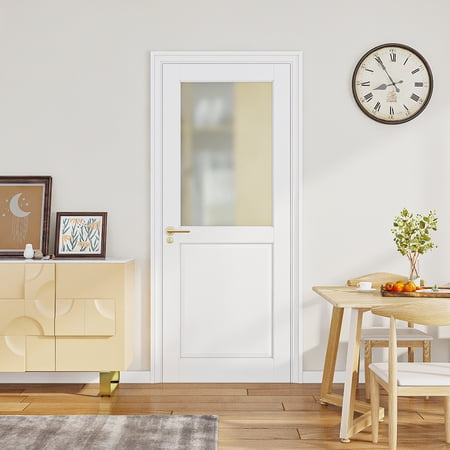 28" x 80" 1-Lite Frosted Glass Shower Door, White Primed Solid Core Interior Door Slab, Universal No Pre-Drilled Holes by HUMEHA