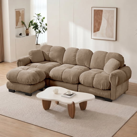 HUMEHA 103.9" 3-Seater Modular Sectional Sofa Brown with Ottoman, L-Shaped Cloud Couch, Oversized Glossy Chenille Sofa with Deep Seat & Storage Ottoman for Living Room