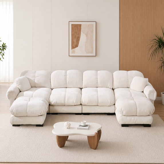 HUMEHA 131.5" 4-Seater Modular Sectional Sofa Beige with 2 Ottomans, U-Shaped Cloud Couch, Oversized Glossy Chenille Sofa Set with Petal Cushions & Padded Arms