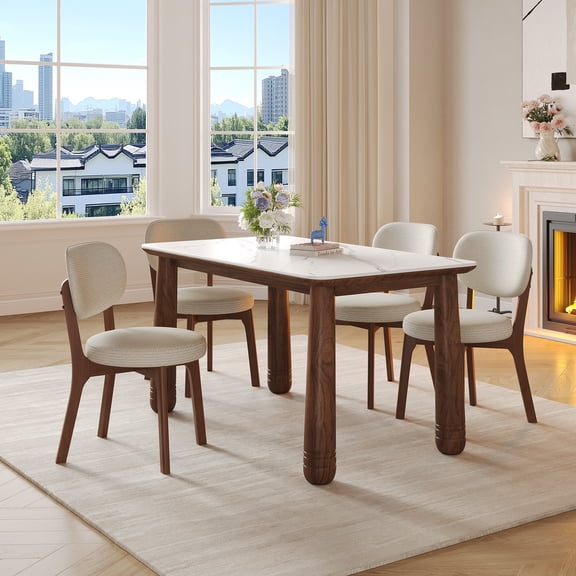 HUMEHA 5-Piece Sintered Stone Dining Set White Top with 4 Chenille Chairs