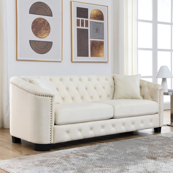 HUMEHA 77" Chesterfield Sofa, 2 Seater Retro Velvet Couch with Nailhead Arms, Tufted Backrests, 2 Cushions