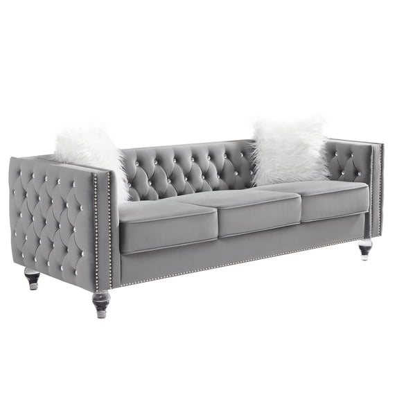 HUMEHA 83 Inch Gray Velvet Tufted 3‑Seat Sofa, Square Arms with Button Detail, Nailhead Trim, Crystal Acrylic Legs for Living Room, Bedroom