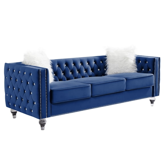 HUMEHA 83 Inch Navy Blue Velvet Tufted 3‑Seat Sofa, Square Arms with Button Detail, Nailhead Trim, Crystal Acrylic Legs for Living Room, Bedroom