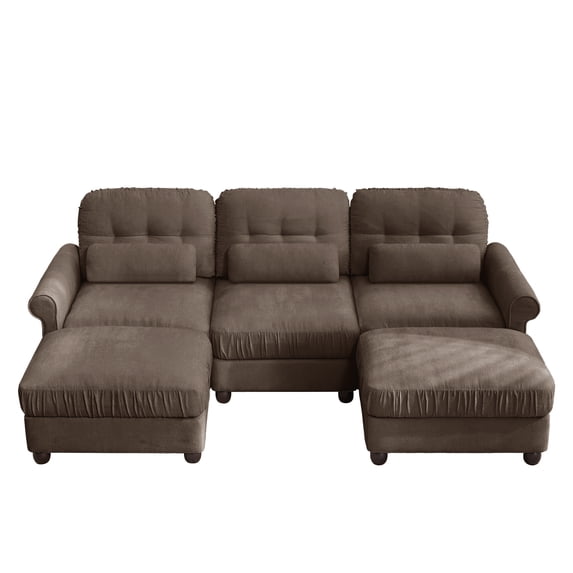 HUMEHA 98" U-Shape Sectional Sofa with Ruffled Edge Chenille, 3-Seat Cloud Couch with 2 Ottomans & Rolled Arms for Living Room, Brown