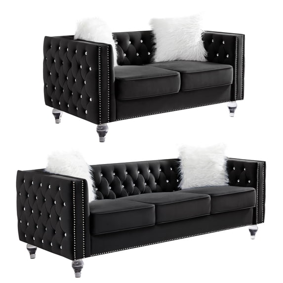 HUMEHA Black Velvet Tufted 2‑Piece Sofa Set, 2‑Seat and 3‑Seat with Square Arms, Button Detail, Nailhead Trim, Crystal Acrylic Legs for Living Room, Bedroom