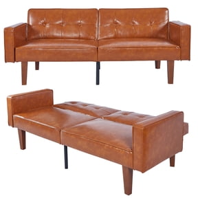 HUMEHA Convertible Sofa Bed Brown Glossy PU Leather Modern 500lbs