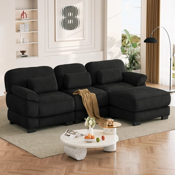 HUMEHA 104" Corduroy Modular Sofa Black 3-Seat w/ Ottoman