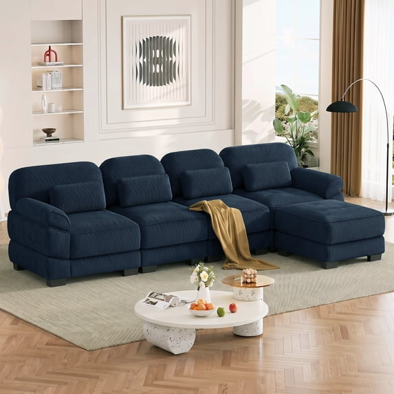 HUMEHA 132.3" Corduroy Modular Sofa Blue 4-Seat w/ Ottoman