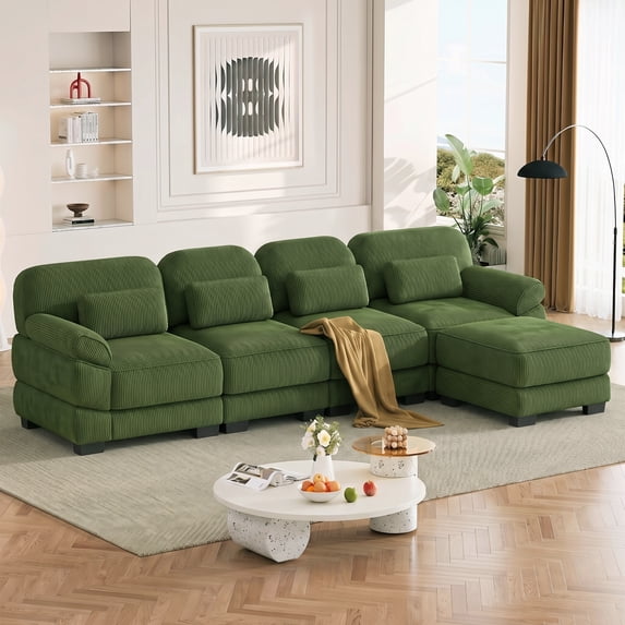 HUMEHA 132.3" Corduroy Modular Sofa Green 4-Seat w/ Ottoman