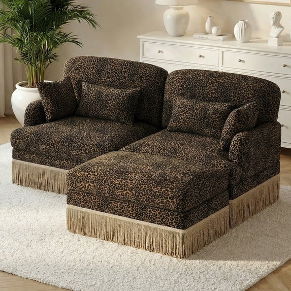HUMEHA 69.2" Leopard Chenille Sofa Brown Black 2-Seat w/ Ottoman
