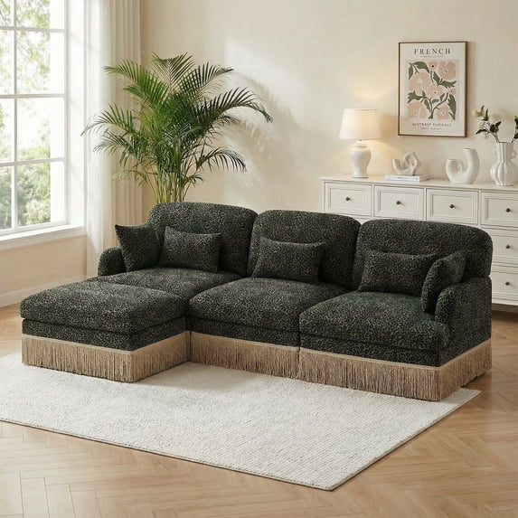 HUMEHA 100.3" Leopard Chenille Sofa Green Black 3-Seat w/ Ottoman