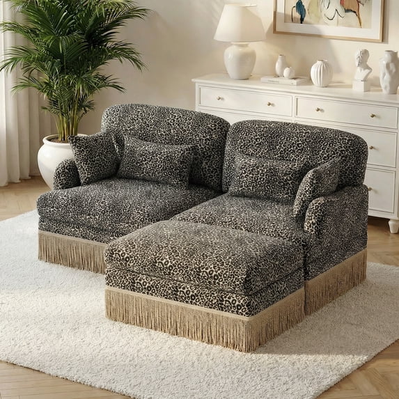 HUMEHA 69.2" Leopard Chenille Sofa Khaki Black 2-Seat w/ Ottoman