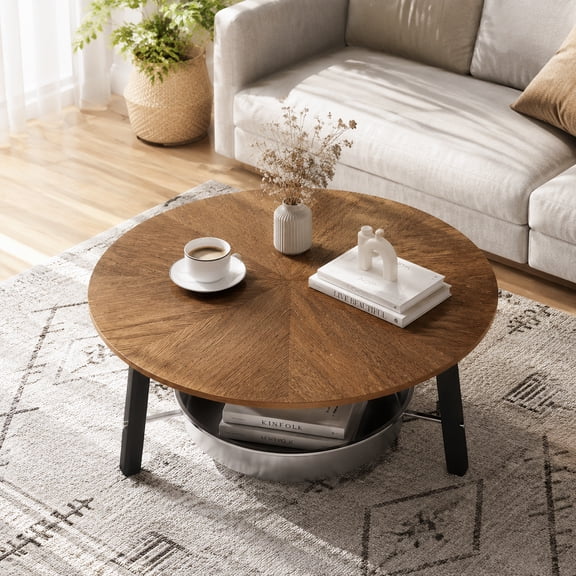 HUMEHA Round Coffee Table 35" Walnut Wood Grain with Storage Shelf