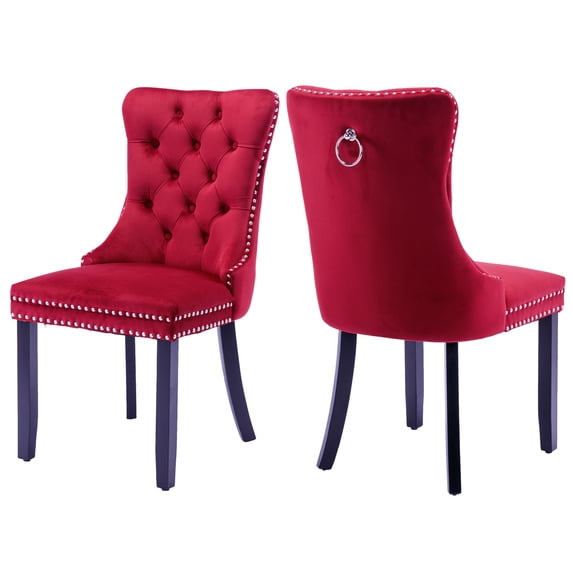 HUMEHA Set of 2 Velvet Dining Chair Burgundy Wood Legs Nailhead Trim