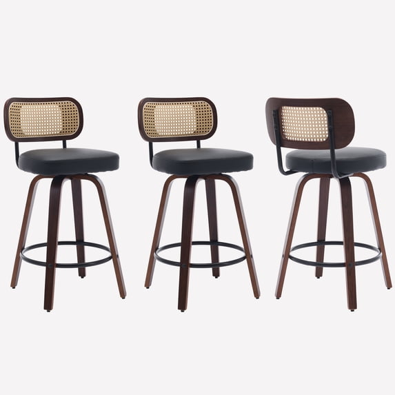 HUMEHA Set of 3 Rattan Swivel Barstool Black 26" Cane Back