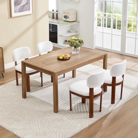 HUMEHA Set of 4 Farmhouse Fabric Dining Chairs Beige Natural Wood Legs Modern