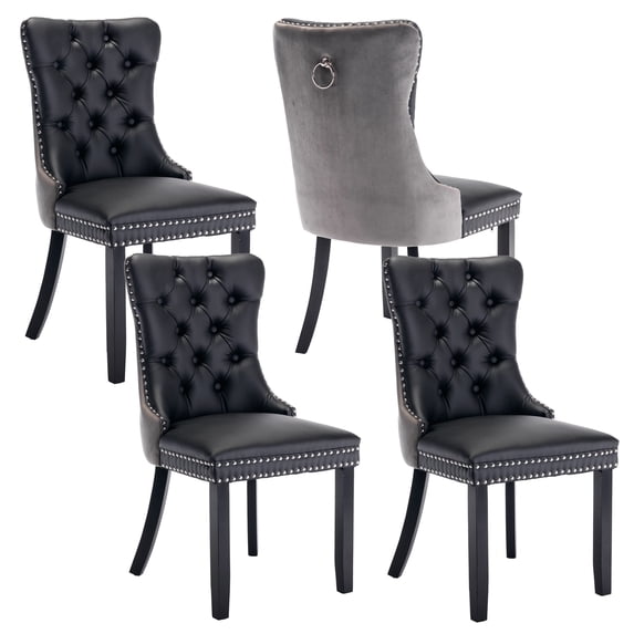 HUMEHA 24" Set of 4 PU Leather + Velvet Dining Chair, Black Gray Dual-Color with Nailhead Trim & Solid Wood Legs for Dining Room