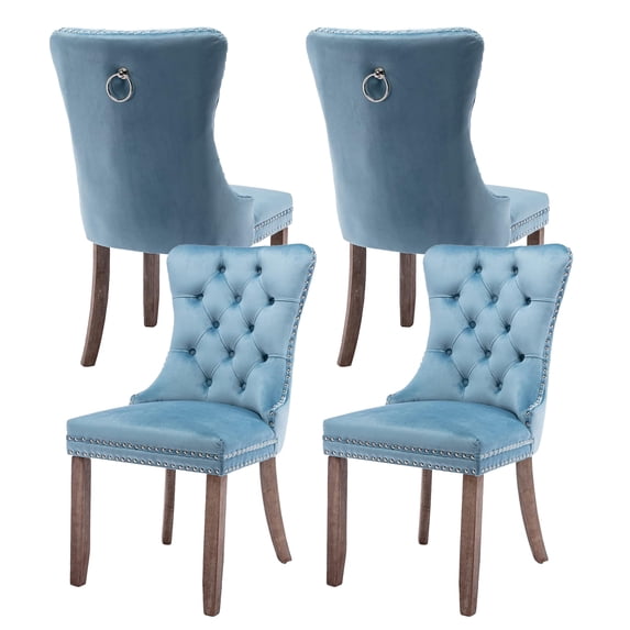 HUMEHA Set of 4 Velvet Dining Chair Blue Wood Legs Nailhead Trim