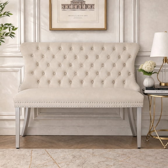 HUMEHA Velvet Dining Loveseat Bench Beige Silver Legs 2-Seat