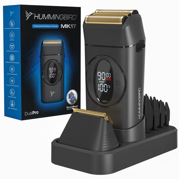 HUMMINGBIRD MK17 DualPro Foil Shaver & Beard Trimmer for Men  Gold Titanium Blades, Turbo Shaving & Torque Control, Metal Body, Digital Battery & RPM Display, Wet/Dry, USB-C & Wireless Charging Dock