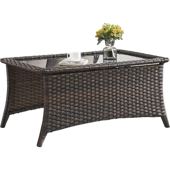 HUMMUH Outdoor Coffee Table Patio Rattan Patio Side Table Built-in Black Glass Top PE Wicker Rectangle Sofa Table Dark Brown