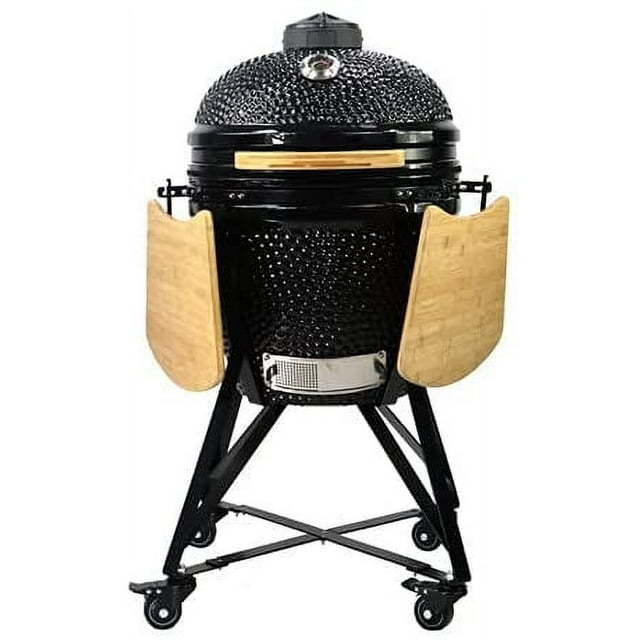 HUMOS - 20" CERAMIC KAMADO GRILL. BLACK. COOKER + OVEN + SMOKER. WITH TROLLEY WITH WHEELS AND CAST IRON VENT