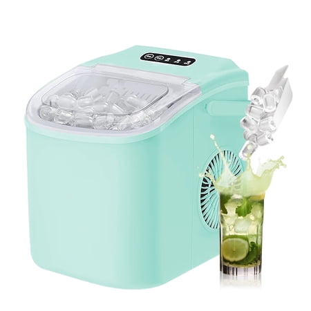 HUMSURE Countertop Ice Maker Machine with Handle, 26lbs Per Day, 9 Ice Cubes Ready in 7 Mins, Self-Cleaning Portable Ice Maker with Basket and Scoop, for Home/Party/Kitchen/Camping/RV(Green)
